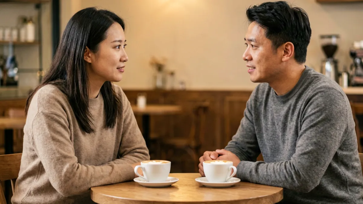 姓爱自修室情感认知专题：两个人相对而坐，桌上摆着咖啡杯，讨论气氛认真而温和