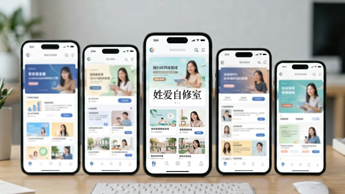 姓爱自修室与多个同类平台的界面并排展示，用于横向对比各平台功能与内容质量