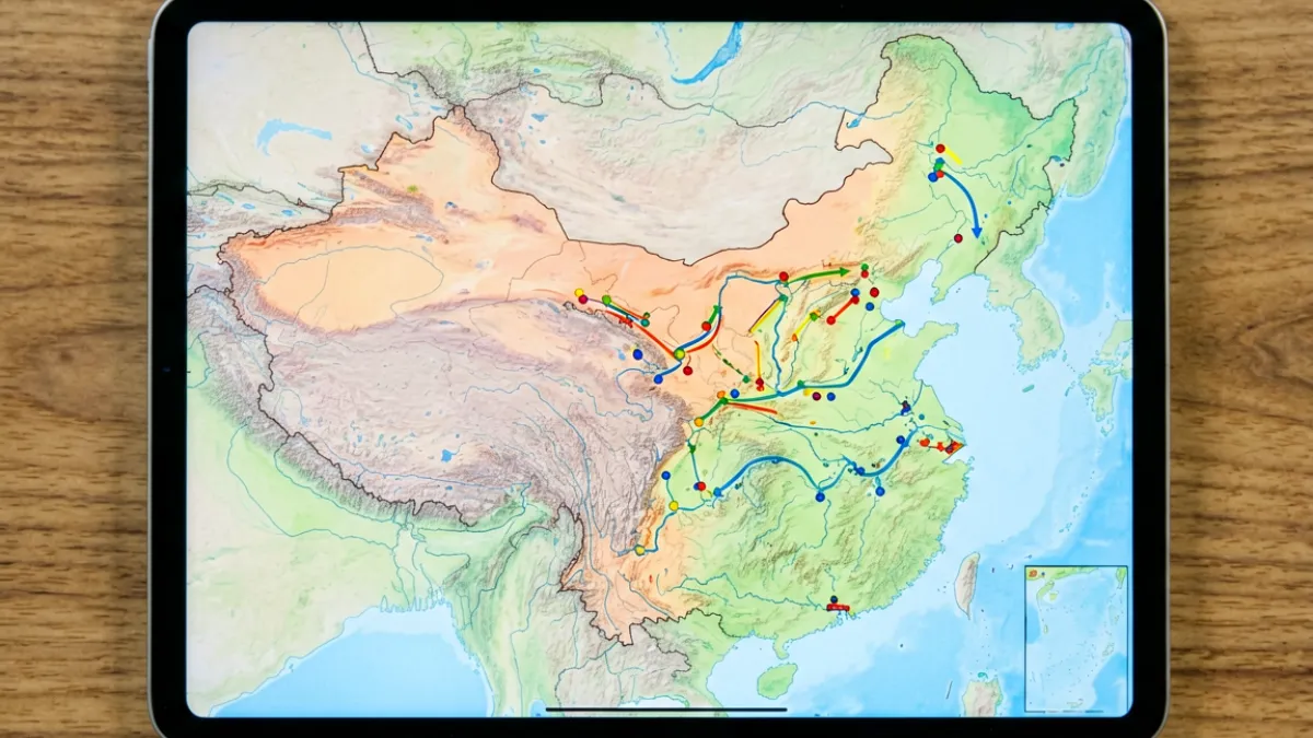 姓爱自修室姓氏迁徙地图页面，地图上标注了多个历史迁徙节点与时间