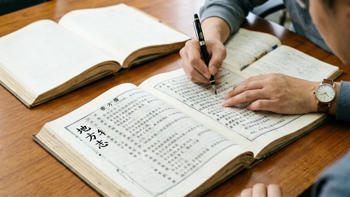 姓爱自修室内容编辑团队在整理姓氏文化资料，桌上堆放着地方志和族谱复印件
