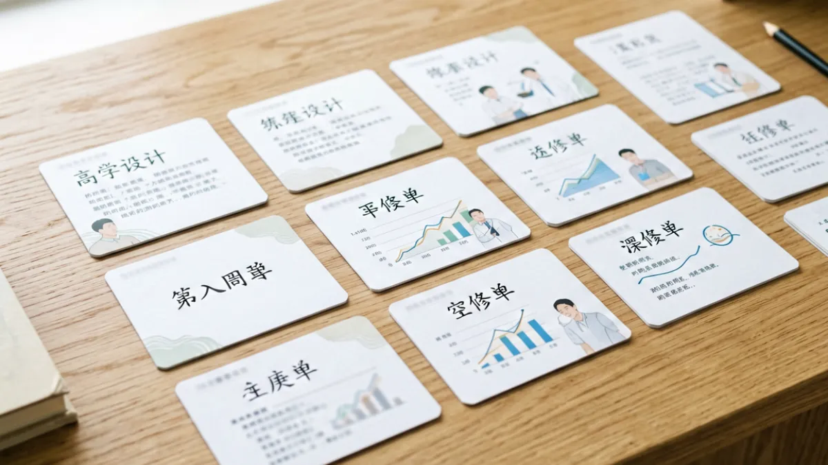 姓爱自修室内容精选封面，展示多张热门卡片排列于明亮的学习桌面上