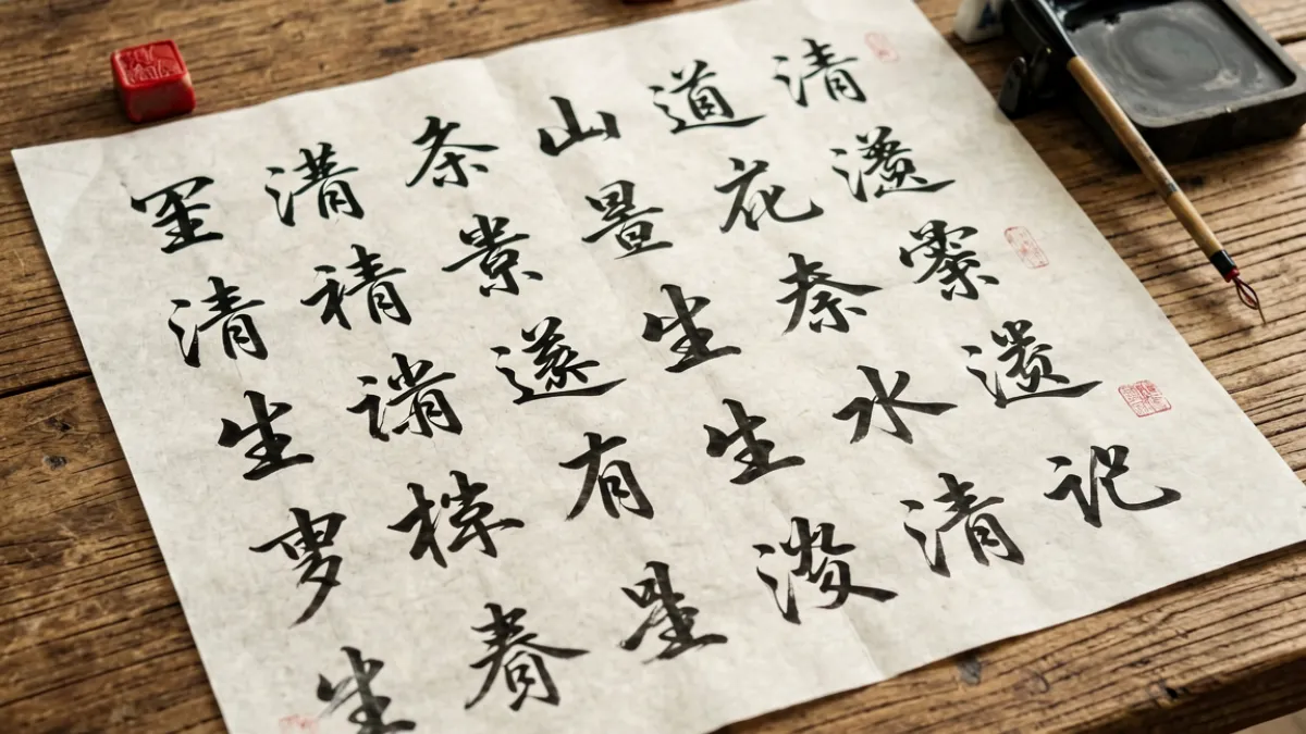 姓爱自修室 - 一张写满汉字笔记的纸铺在木桌上，旁边有红色印章与毛笔，呈现传统文字研究场景
